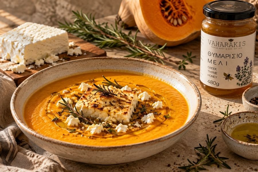 Krämig pumpasoppa med gratinerad fetaost och grekisk olivolja
