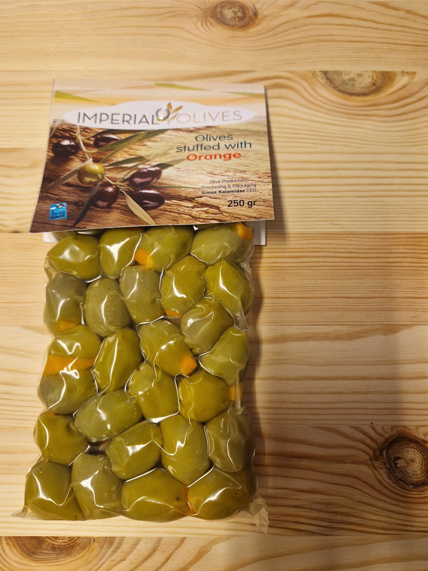 Gröna oliver ifyllda med apelsin, 250gr